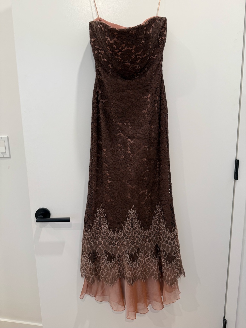 Carmen Marc Valvo Strapless Brown Lace Gown with Blush Hem